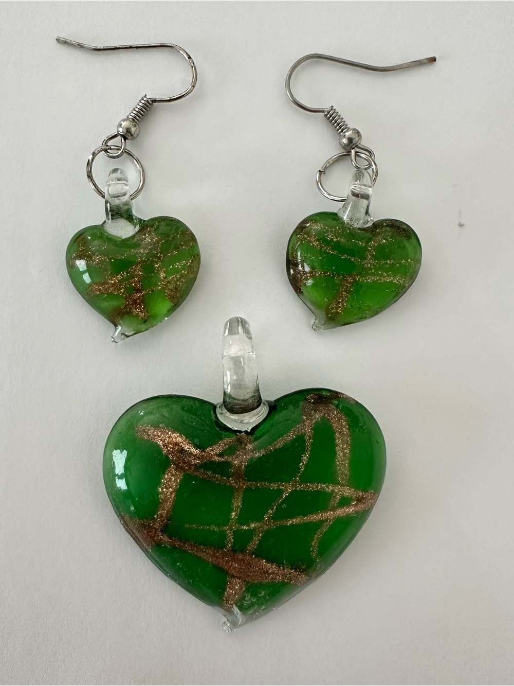 Green Heart Glass Pendant & Earring Set - Artisan Jewelry